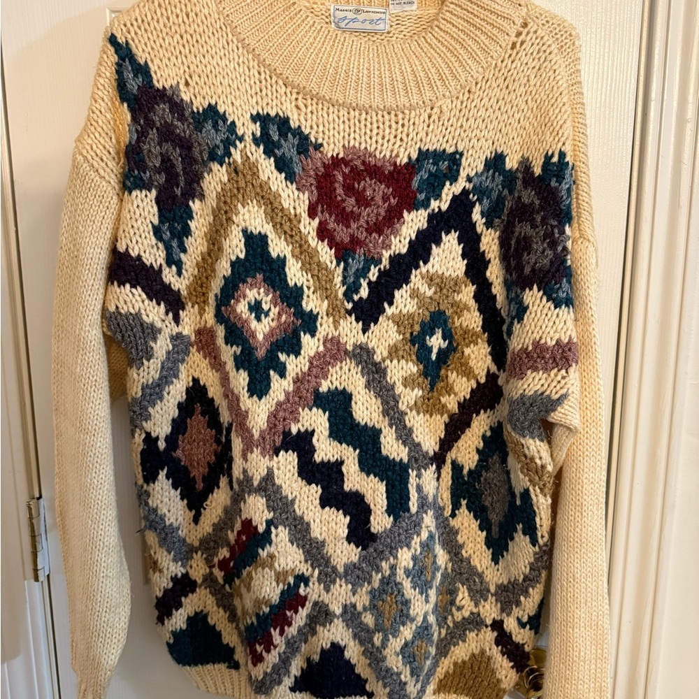 Vintage Patterned Sweater - Cream and Multicolor